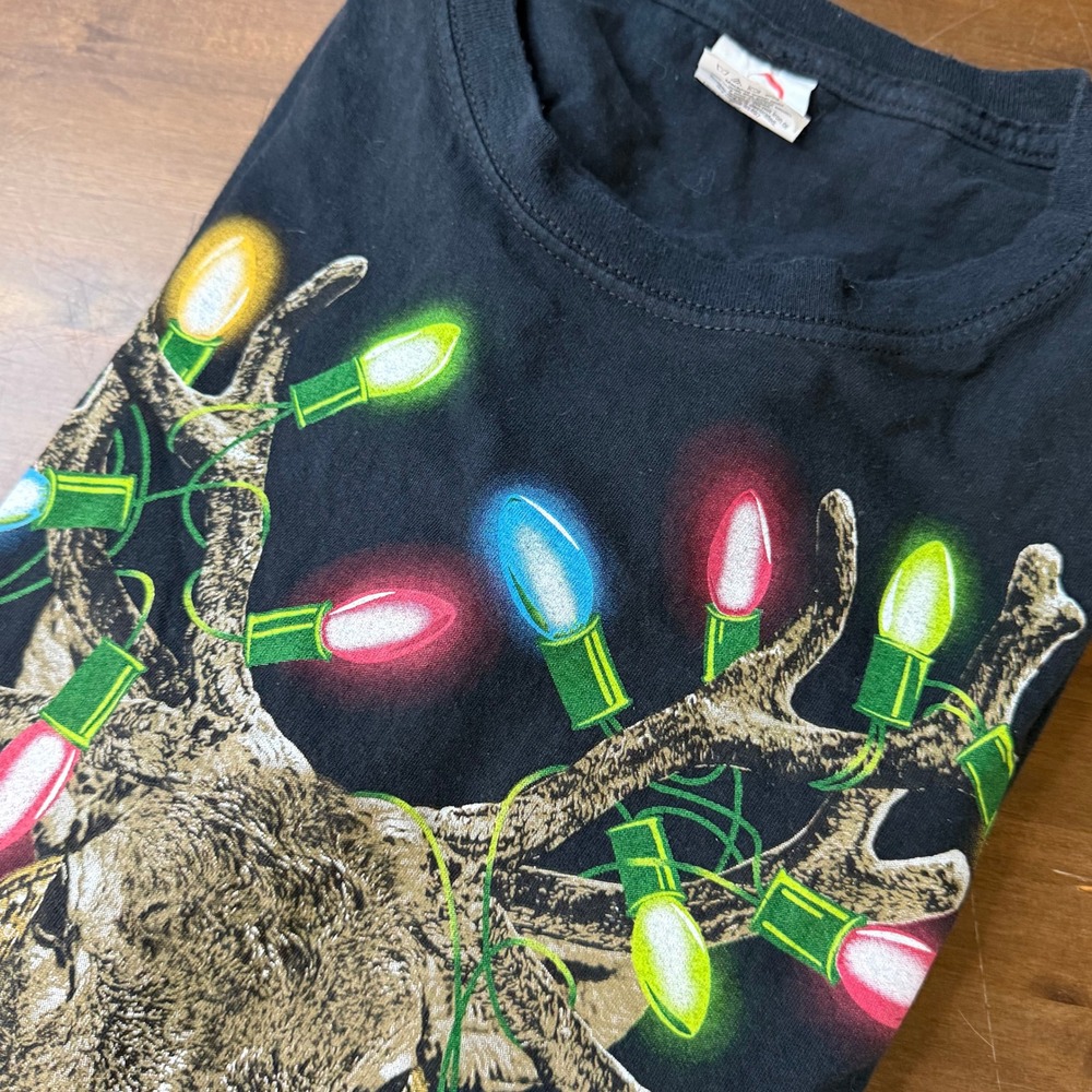 DEC. 25th Tis The Season Deer Christmas Lights Black Graphic T‎ Shirt XL